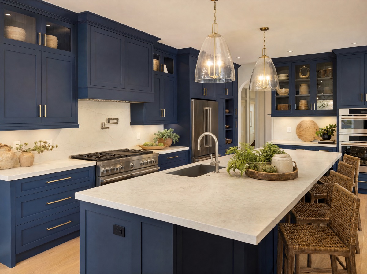 Cozinha com marcenaria azul-marinho
